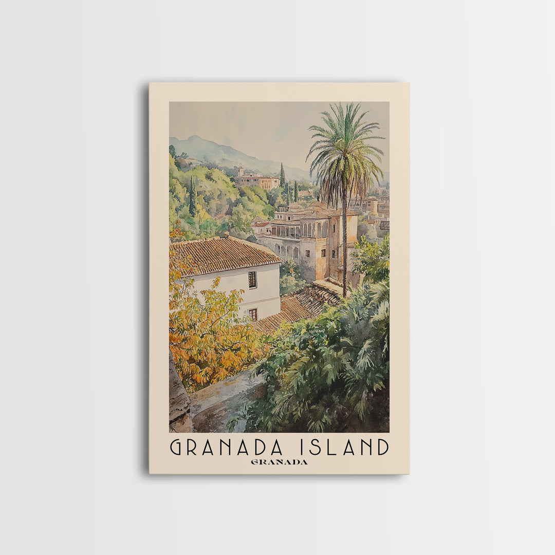 Granada Island, Granada Watercolor Print, Vacation Gift, Granada Wall Art, Beach Painting, Beach Decor, Large Wall Art, Wood Frame Art