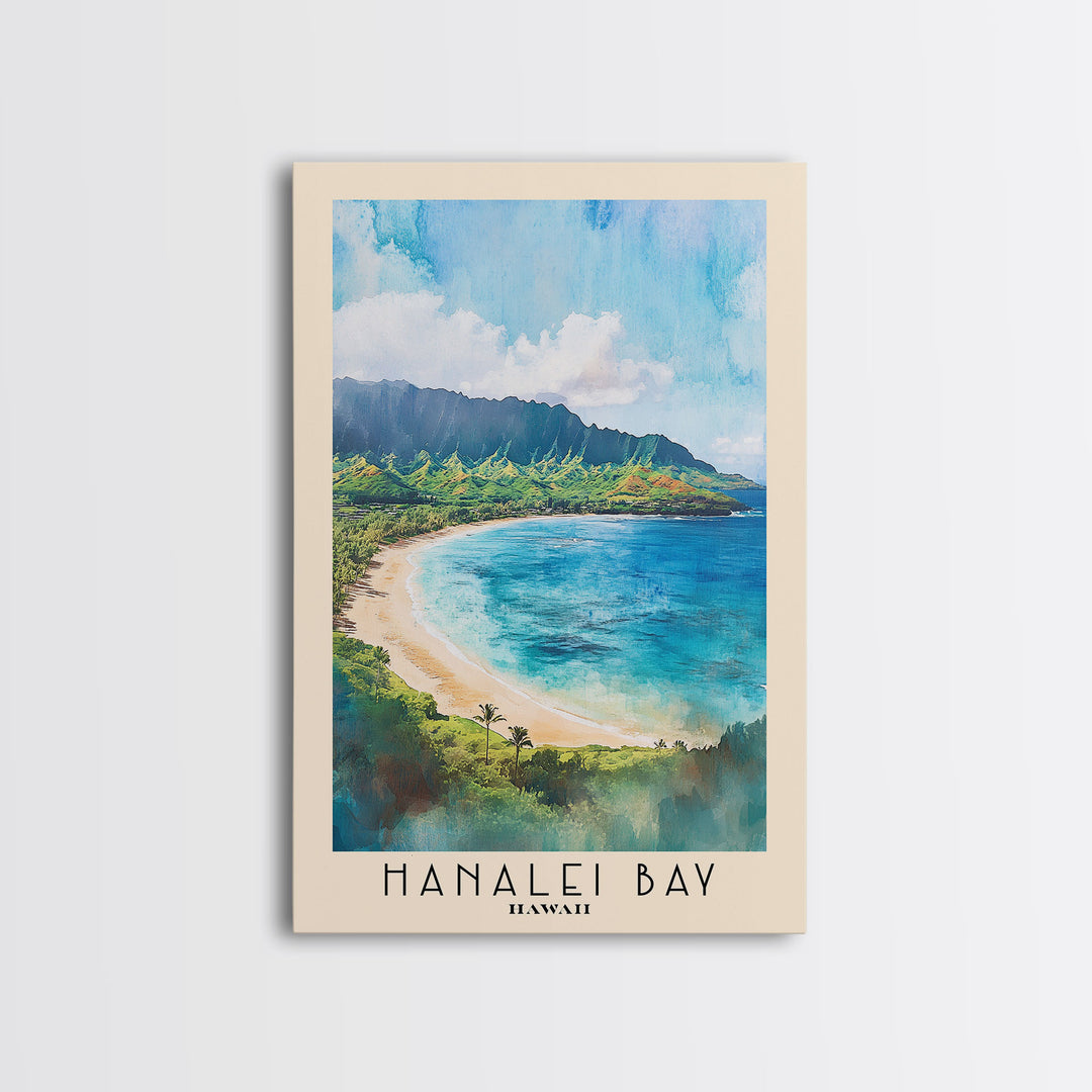 Hanalei Bay, Hawaii Watercolor Beach Print, Vacation Gift, Hawaii Wall Art, Framed Canvas Print, Framed Beach Painting