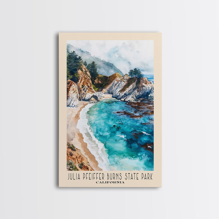 Julia Pfeiffer Burns State Park, California Watercolor Beach Print, Vacation Gift, California Wall Art, Framed Canvas Print, Framed Beach Painting