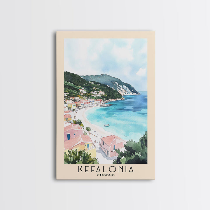 Kefalonia, Greece Watercolor Beach Print, Vacation Gift, Greece Wall Art, Framed Canvas Print, Framed Beach Painting