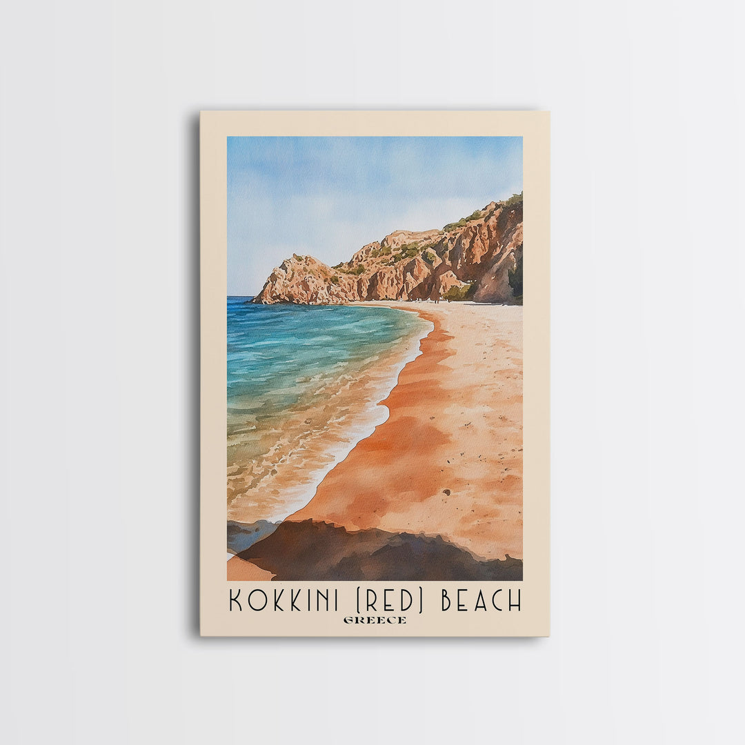 Kokkini (Red) Beach, Greece Watercolor Beach Print, Vacation Gift, Greece Wall Art, Framed Canvas Print, Framed Beach Painting