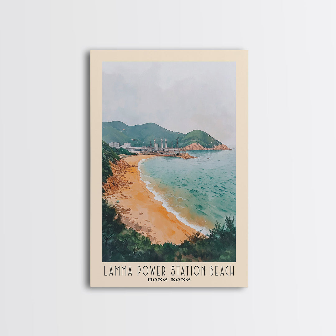 Lamma Power Station Beach, Hong Kong Watercolor Beach Print, Vacation Gift, Hong Kong Wall Art, Framed Canvas Print, Framed Beach Painting