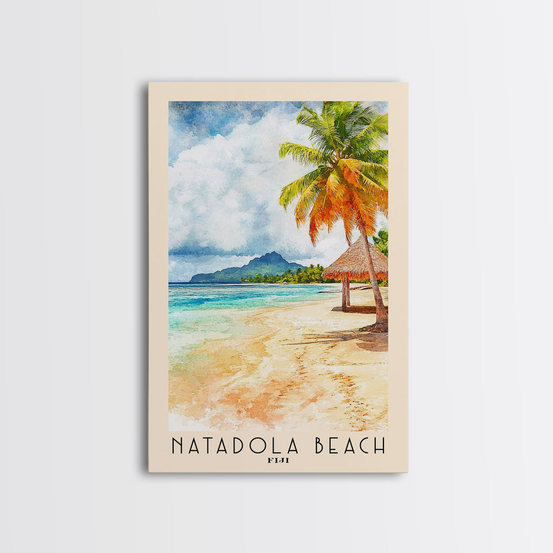 Natadola Beach, Fiji Watercolor Beach Print, Vacation Gift, Fiji Wall Art, Framed Canvas Print, Framed Beach Painting