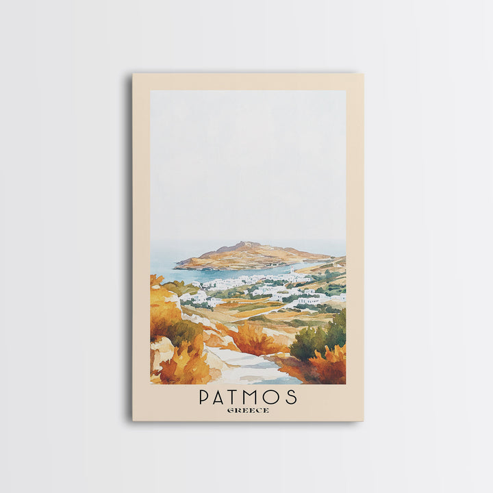 Patmos, Greece Watercolor Beach Print, Vacation Gift, Greece Wall Art, Framed Canvas Print, Framed Beach Painting