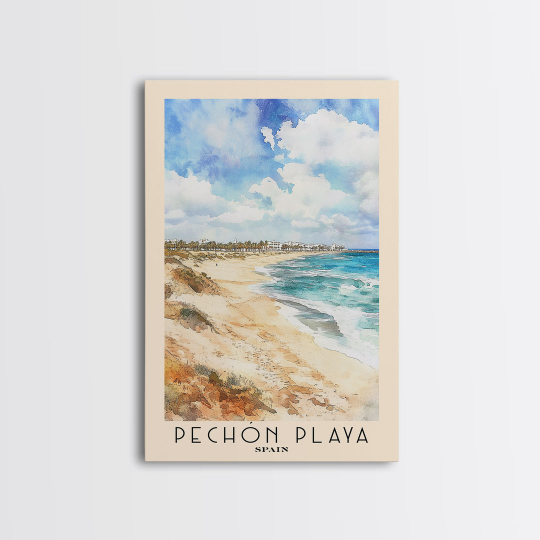 Pechón Playa, Spain Watercolor Print, Vacation Gift, Spain Wall Art, Beach Painting, Beach Decor, Large Wall Art, Wood Frame Art