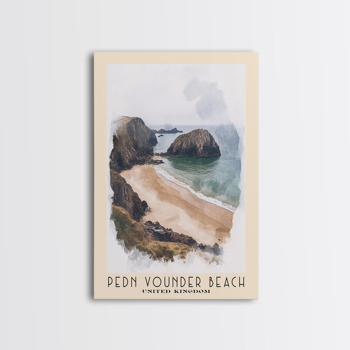 Pedn Vounder Beach, United Kingdom Watercolor Beach Print, Vacation Gift, United Kingdom Wall Art, Framed Canvas Print, Framed Beach Painting