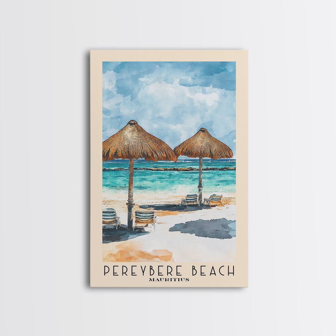 Pereybere Beach, Mauritius Watercolor Beach Print, Vacation Gift, Mauritius Wall Art, Framed Canvas Print, Framed Beach Painting