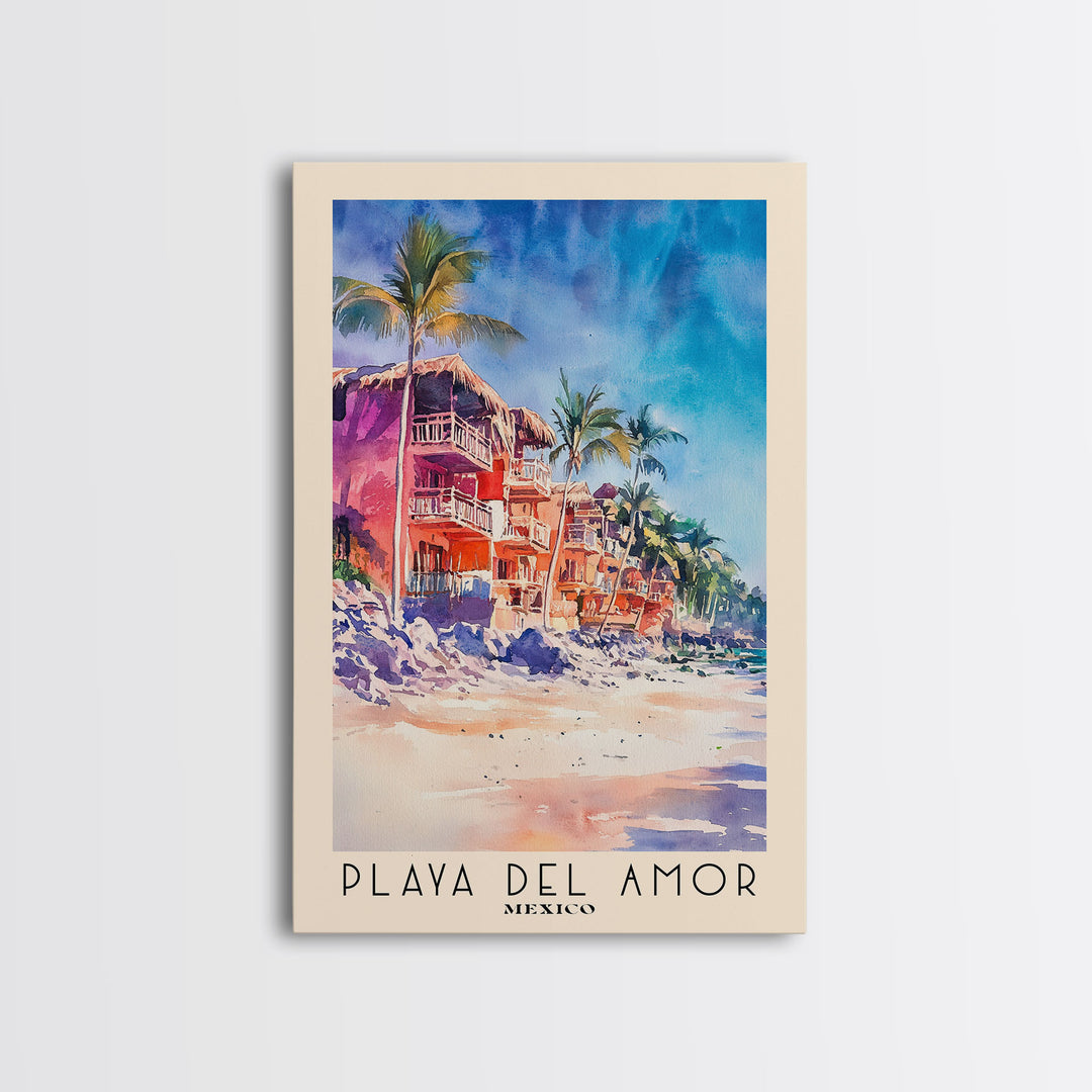 Playa del Amor, Mexico Watercolor Beach Print, Vacation Gift, Mexico Wall Art, Framed Canvas Print, Framed Beach Painting