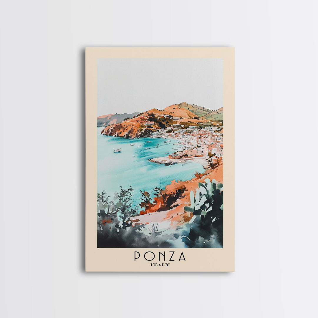 Ponza, Italy Watercolor Beach Print, Vacation Gift, Italy Wall Art, Framed Canvas Print, Framed Beach Painting