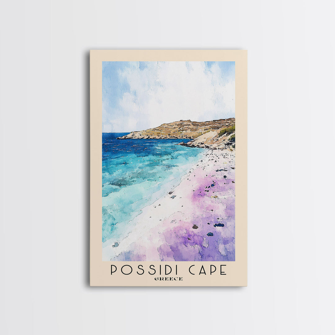 Possidi Cape, Greece Watercolor Beach Print, Vacation Gift, Greece Wall Art, Framed Canvas Print, Framed Beach Painting