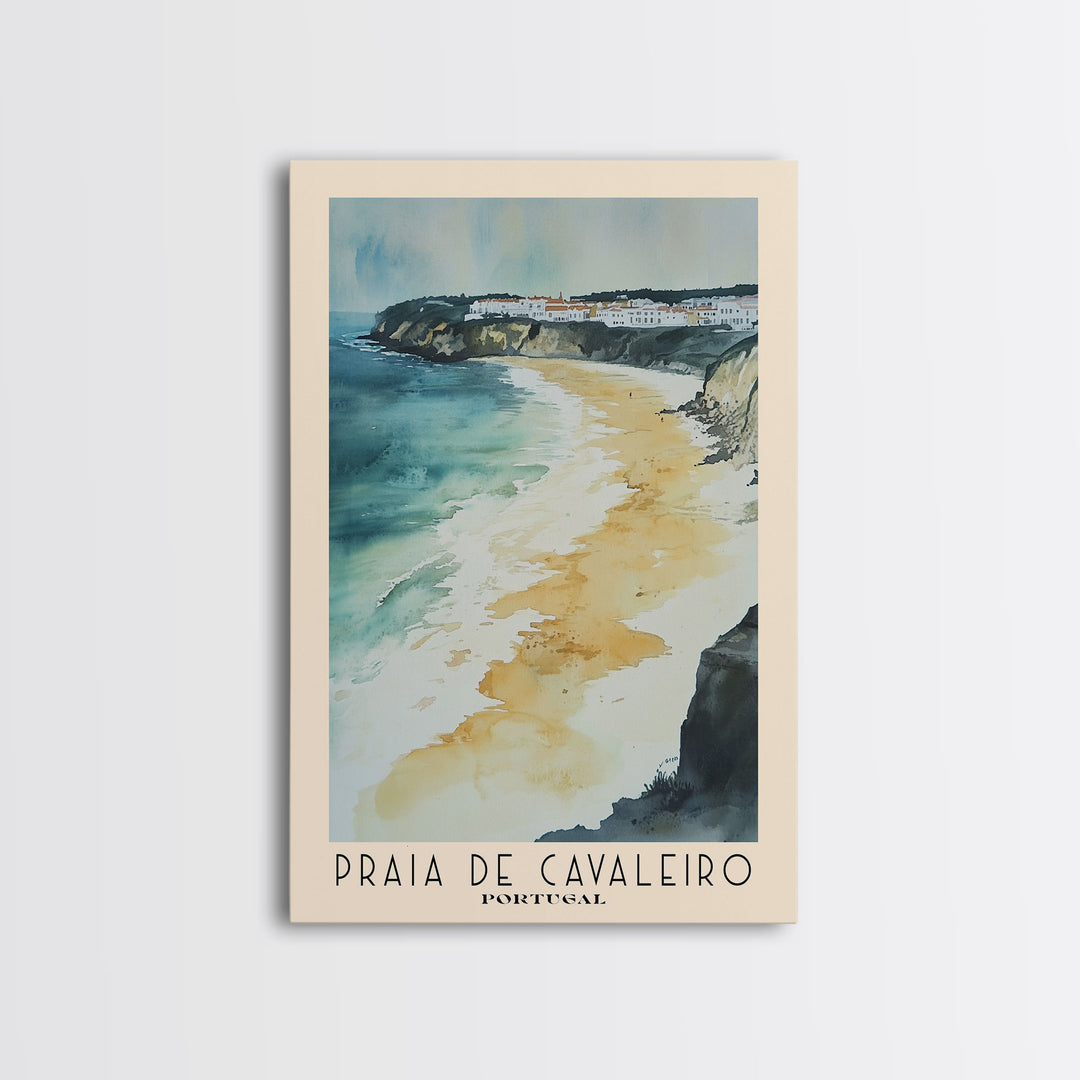 Praia de Cavaleiro, Portugal Watercolor Beach Print, Vacation Gift, Portugal Wall Art, Framed Canvas Print, Framed Beach Painting