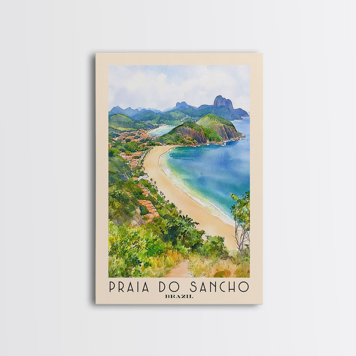 Praia do Sancho, Brazil Watercolor Beach Print, Vacation Gift, Brazil Wall Art, Framed Canvas Print, Framed Beach Painting