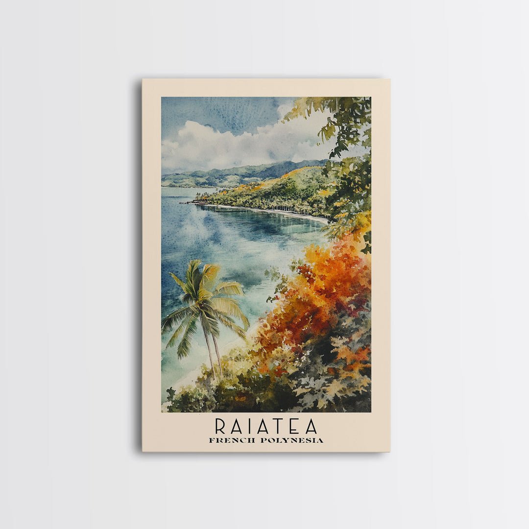 Raiatea, French Polynesia Watercolor Beach Print, Vacation Gift, French Polynesia Wall Art, Framed Canvas Print, Framed Beach Painting