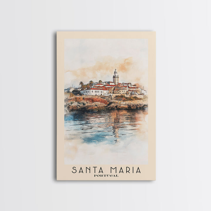 Santa Maria, Portugal Watercolor Beach Print, Vacation Gift, Portugal Wall Art, Framed Canvas Print, Framed Beach Painting