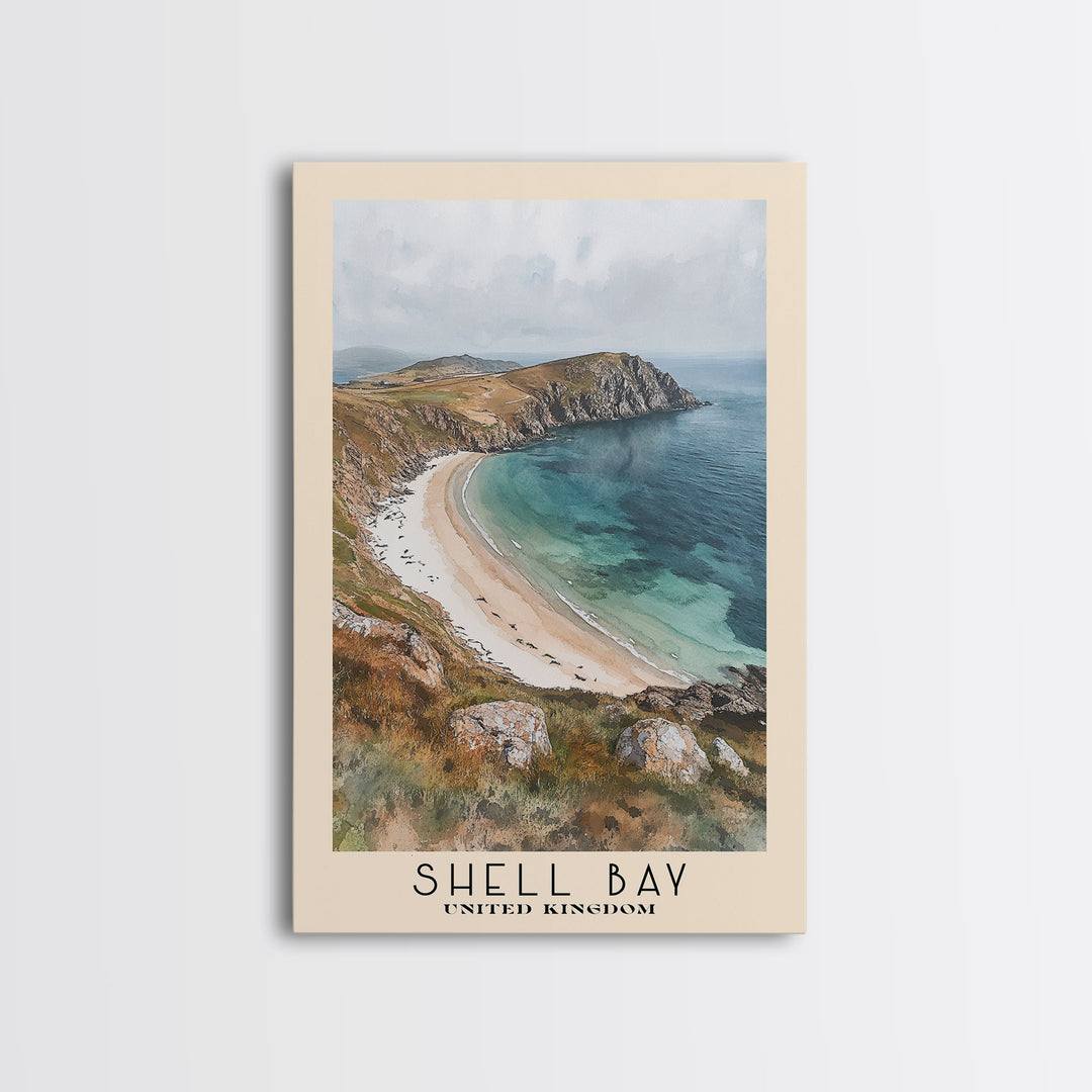 Shell Bay, United Kingdom Watercolor Beach Print, Vacation Gift, United Kingdom Wall Art, Framed Canvas Print, Framed Beach Painting