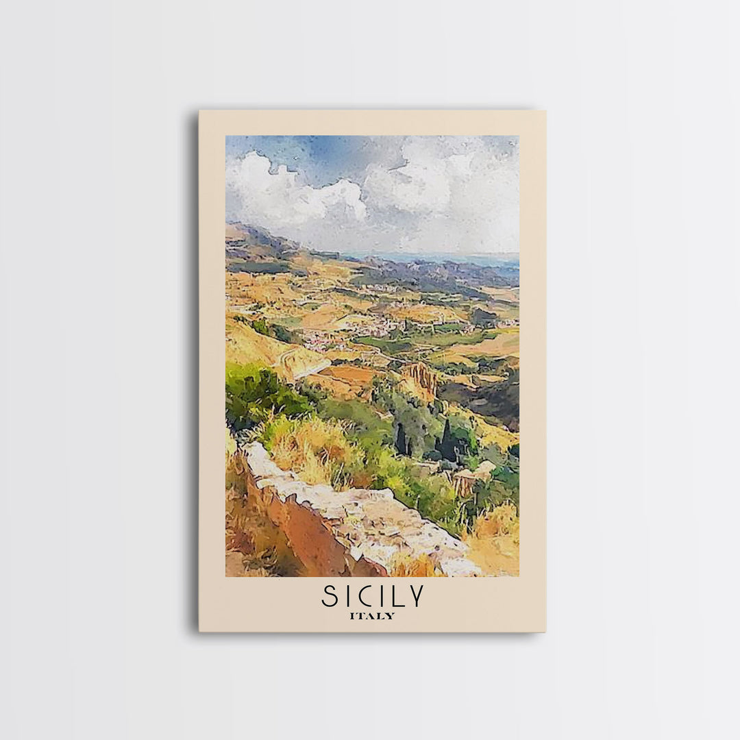 Sicily, Italy Watercolor Beach Print, Vacation Gift, Italy Wall Art, Framed Canvas Print, Framed Beach Painting