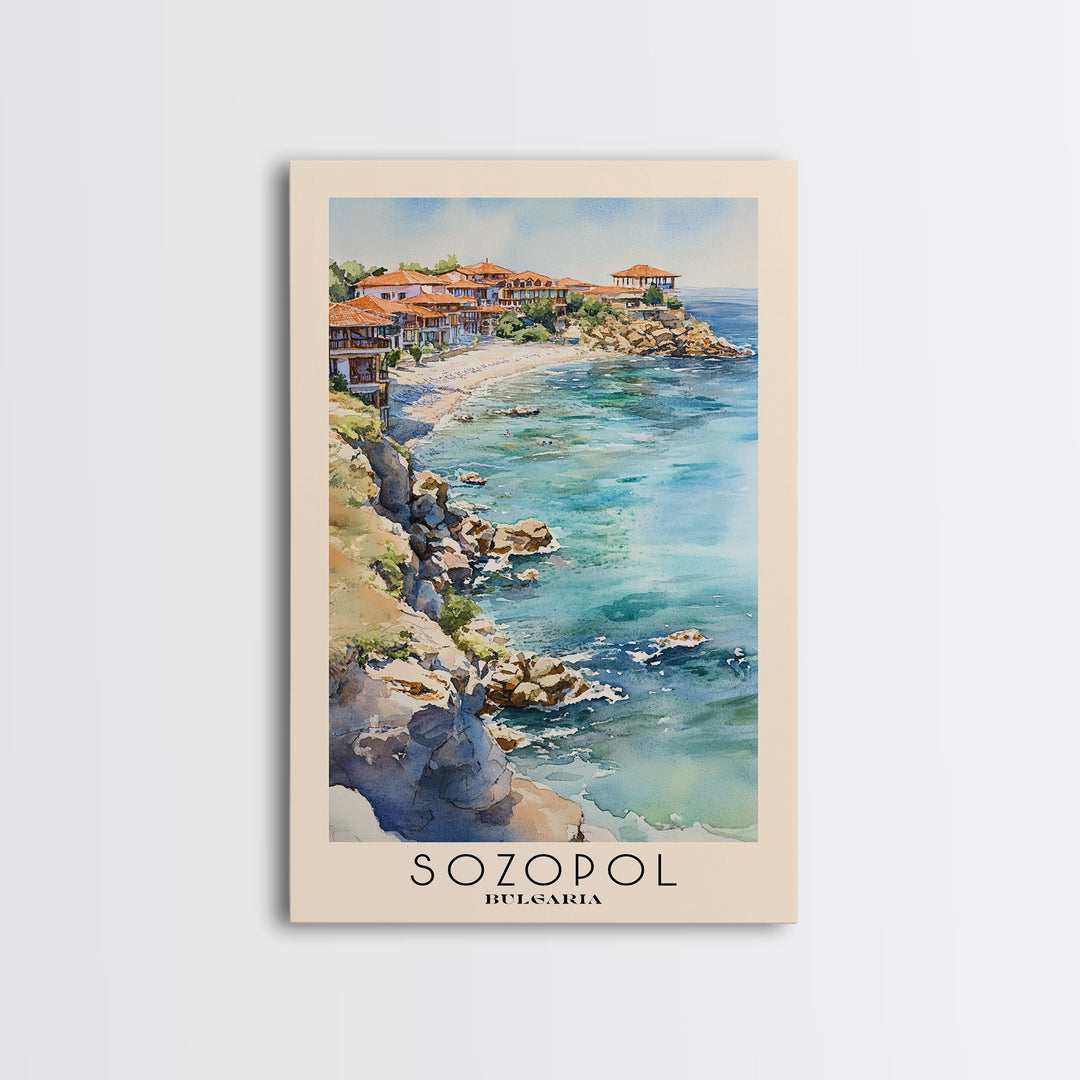 Sozopol, Bulgaria Watercolor Beach Print, Vacation Gift, Bulgaria Wall Art, Framed Canvas Print, Framed Beach Painting