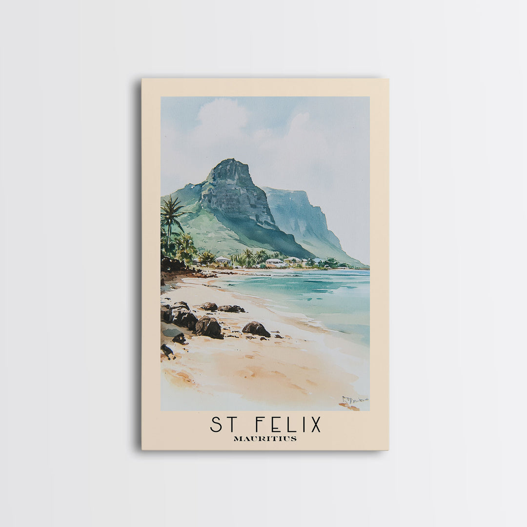 St Felix, Mauritius Watercolor Beach Print, Vacation Gift, Mauritius Wall Art, Framed Canvas Print, Framed Beach Painting