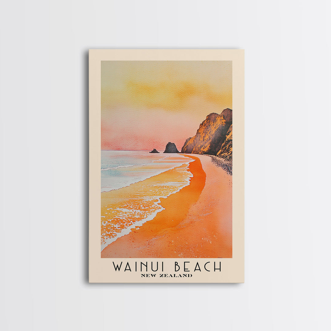 Wainui Beach, New Zealand Watercolor Print, Vacation Gift, New Zealand Wall Art, Beach Painting, Beach Decor, Large Wall Art, Wood Frame Art