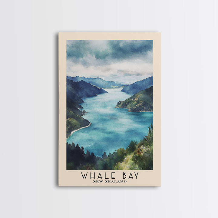 Whale Bay, New Zealand Watercolor Print, Vacation Gift, New Zealand Wall Art, Beach Painting, Beach Decor, Large Wall Art, Wood Frame Art