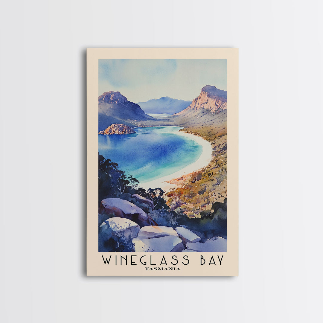 Wineglass Bay, Tasmania Watercolor Beach Print, Vacation Gift, Tasmania Wall Art, Framed Canvas Print, Framed Beach Painting