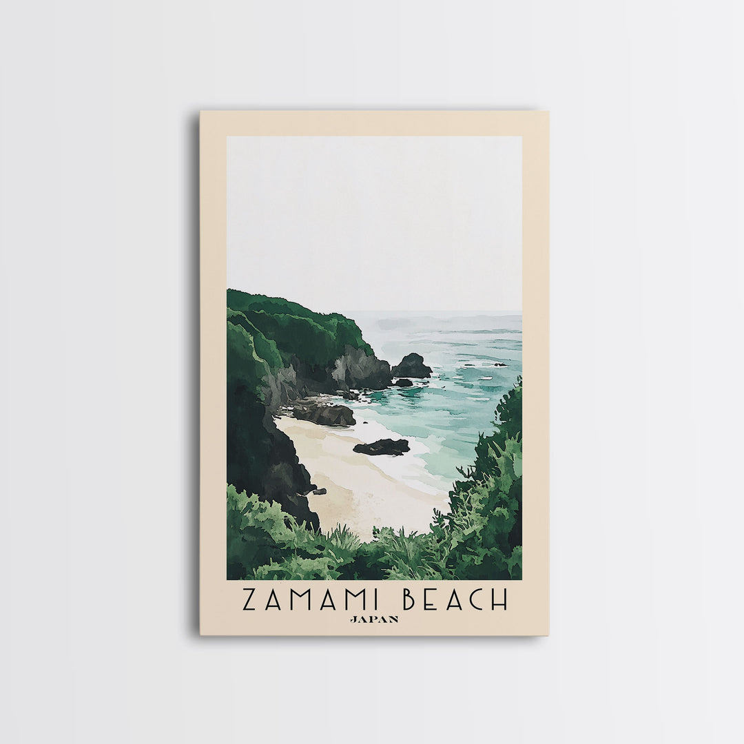 Zamami Beach, Japan Watercolor Beach Print, Vacation Gift, Japan Wall Art, Framed Canvas Print, Framed Beach Painting