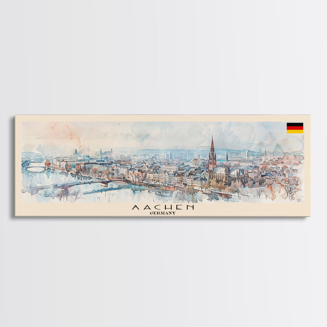 Aachen Germany  Panoramic Travel Poster, Framed Canvas Print or Metal Wall Art, Travel Art, Home Decor, Panoramic Painting, Midcentury Art