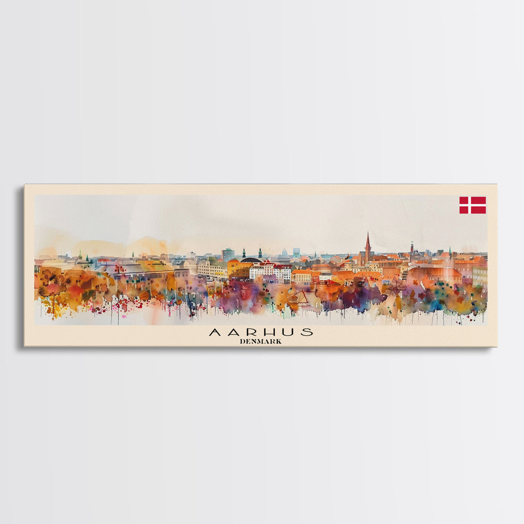 Aarhus Denmark  Panoramic Travel Poster, Framed Canvas Print or Metal Wall Art, Travel Art, Home Decor, Panoramic Painting, Midcentury Art