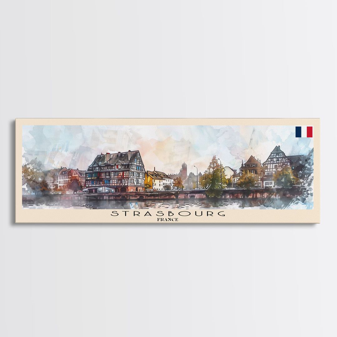 Strasbourg France Panoramic Travel Poster, Framed Canvas Print or Metal Wall Art, Travel Art, Home Decor, Panoramic Painting, Midcentury Art