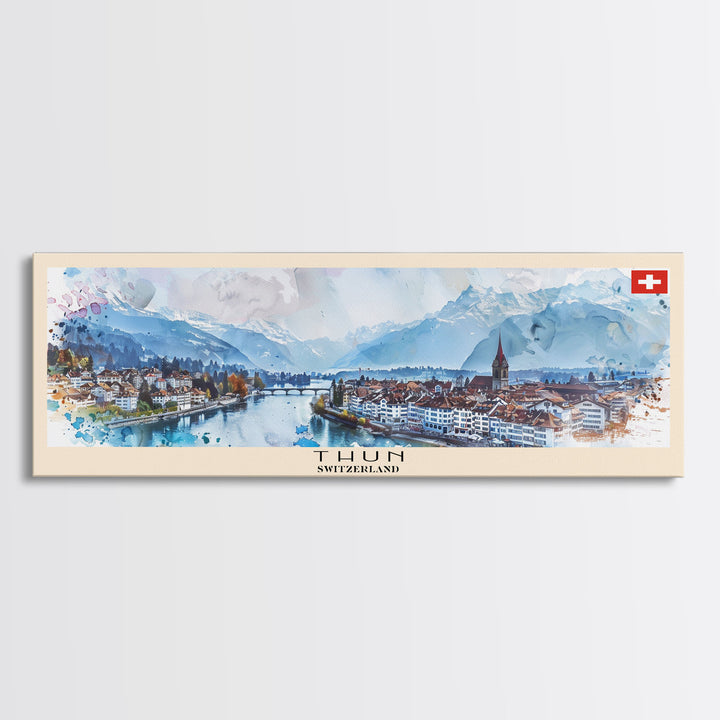 Thun Switzerland Panoramic Travel Poster, Framed Canvas Print or Metal Wall Art, Travel Art, Home Decor, Panoramic Painting, Midcentury Art