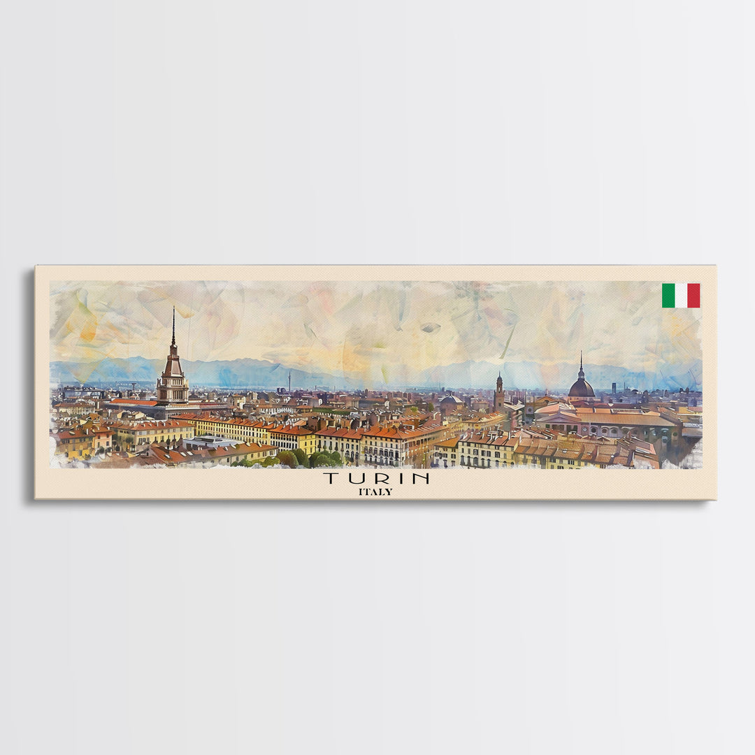 Turin Italy Panoramic Travel Poster, Framed Canvas Print or Metal Wall Art, Travel Art, Home Decor, Panoramic Painting, Midcentury Art