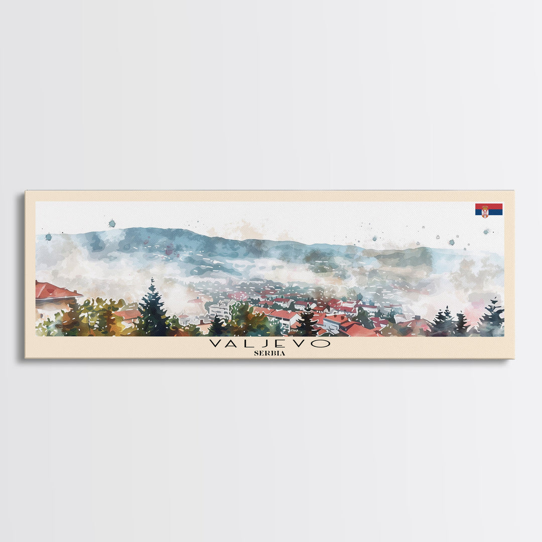 Valjevo Serbia Panoramic Travel Poster, Framed Canvas Print or Metal Wall Art, Travel Art, Home Decor, Panoramic Painting, Midcentury Art