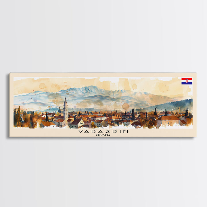 Varadin Croatia Panoramic Travel Poster, Framed Canvas Print or Metal Wall Art, Travel Art, Home Decor, Panoramic Painting, Midcentury Art