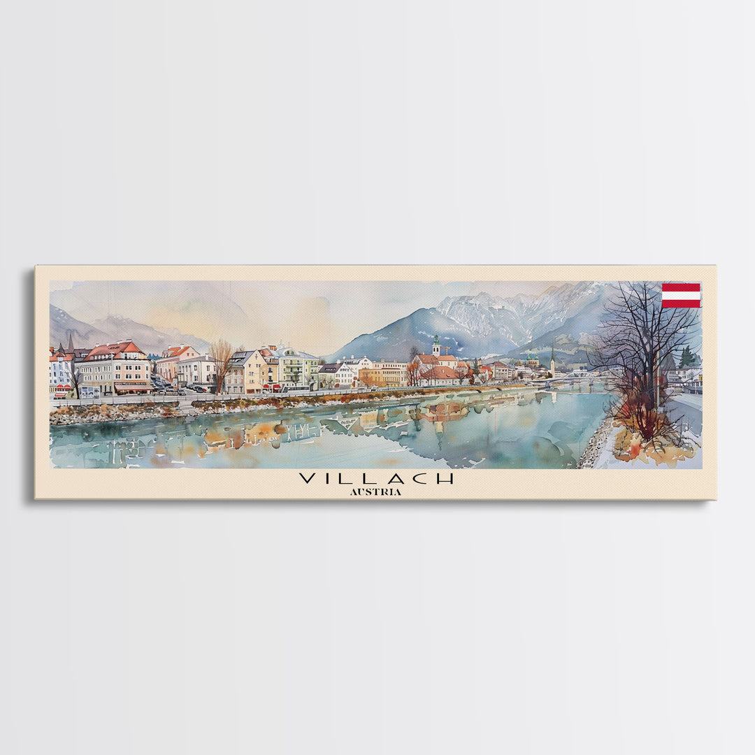 Villach Austria Travel Art, City Art, Framed Canvas Print or Metal Wall Art, Europe Travel Poster, Panoramic Wall Art, Extra Wide Wall Art