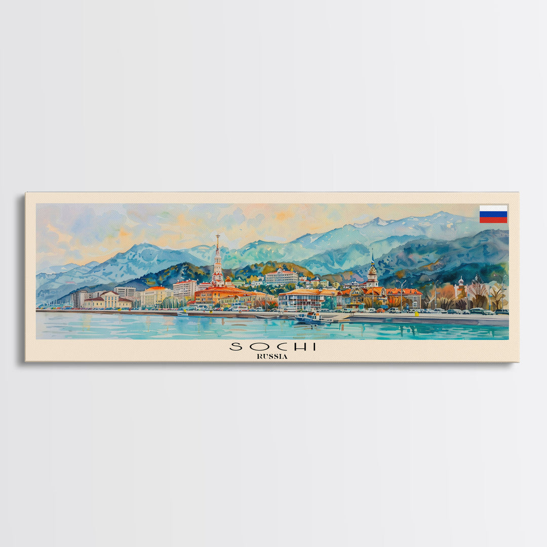 Sochi Russia Panoramic Travel Poster, Framed Canvas Print or Metal Wall Art, Travel Art, Home Decor, Panoramic Painting, Midcentury Art