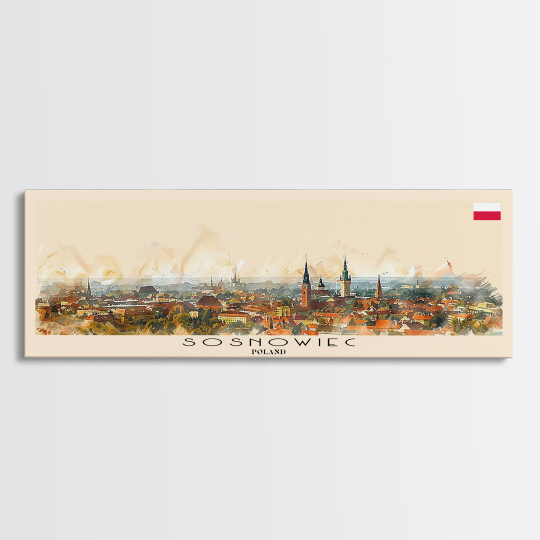 Sosnowiec Poland Panoramic Travel Poster, Framed Canvas Print or Metal Wall Art, Travel Art, Home Decor, Panoramic Painting, Midcentury Art