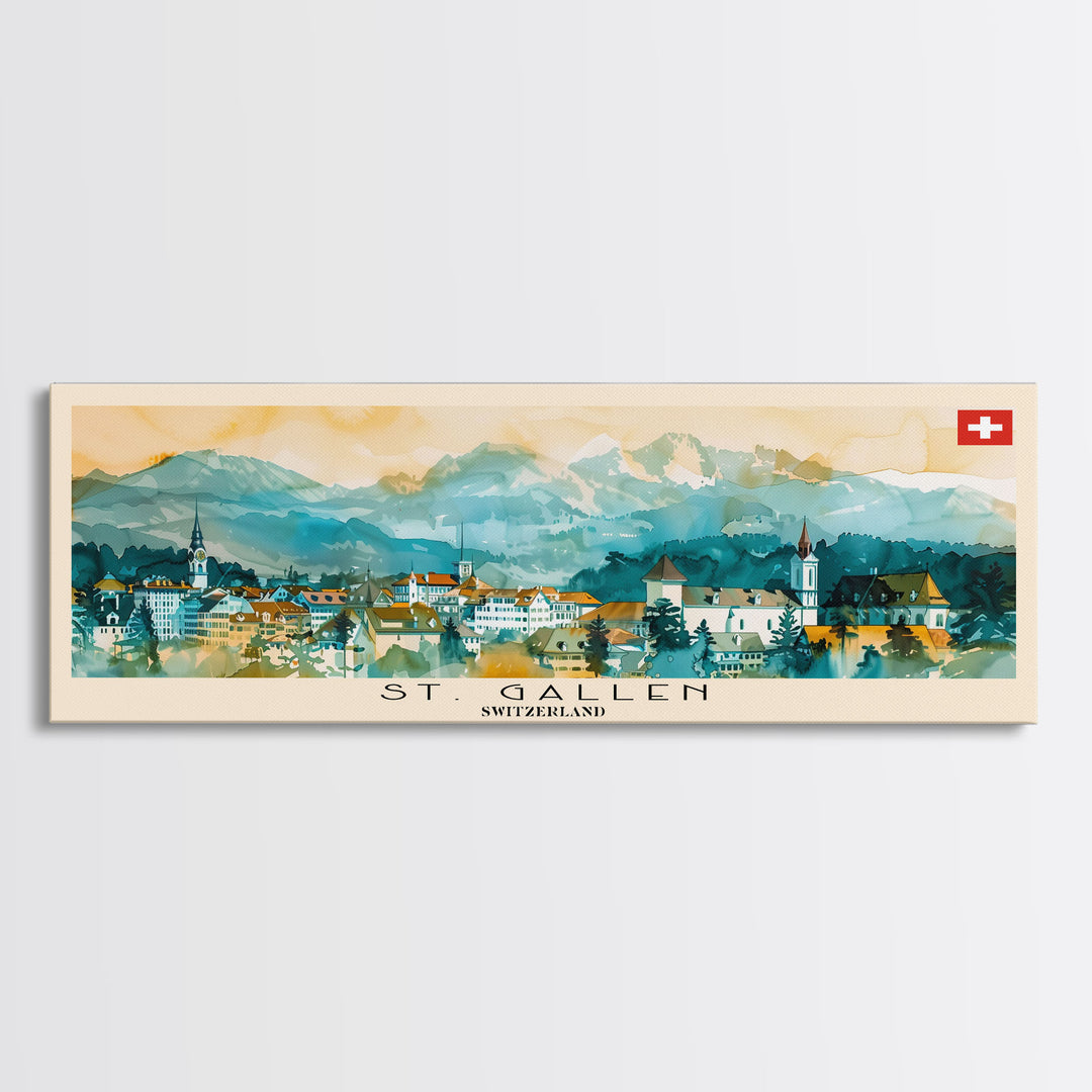 St. Gallen Switzerland Panoramic Travel Poster, Framed Canvas Print or Metal Wall Art, Travel Art, Home Decor, Panoramic Painting, Midcentury Art