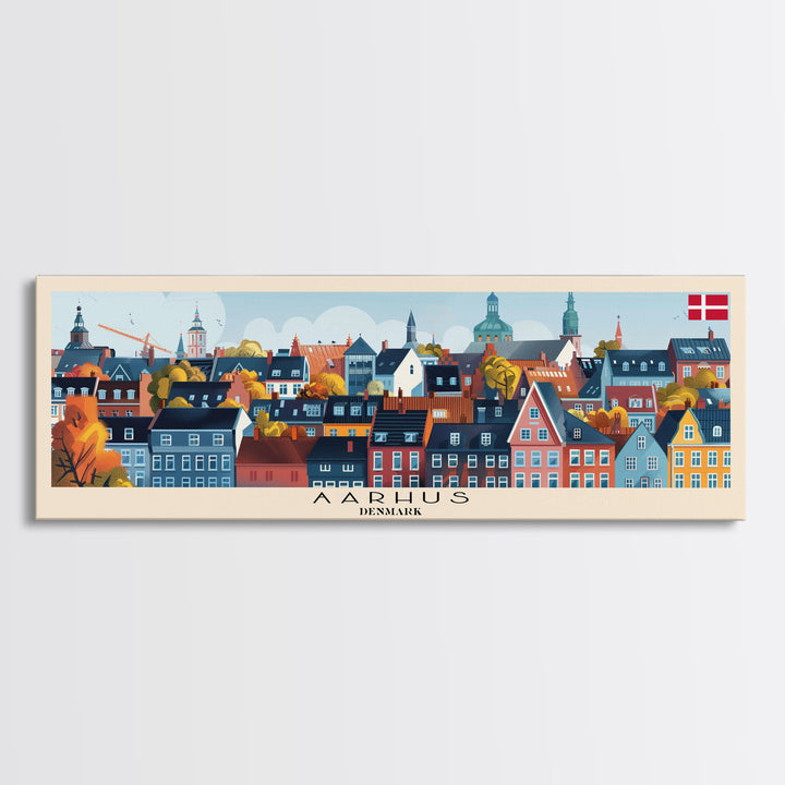 Aarhus Denmark  Panoramic Travel Poster, Framed Canvas Print or Metal Wall Art, Travel Art, Home Decor, Panoramic Painting, Midcentury Art