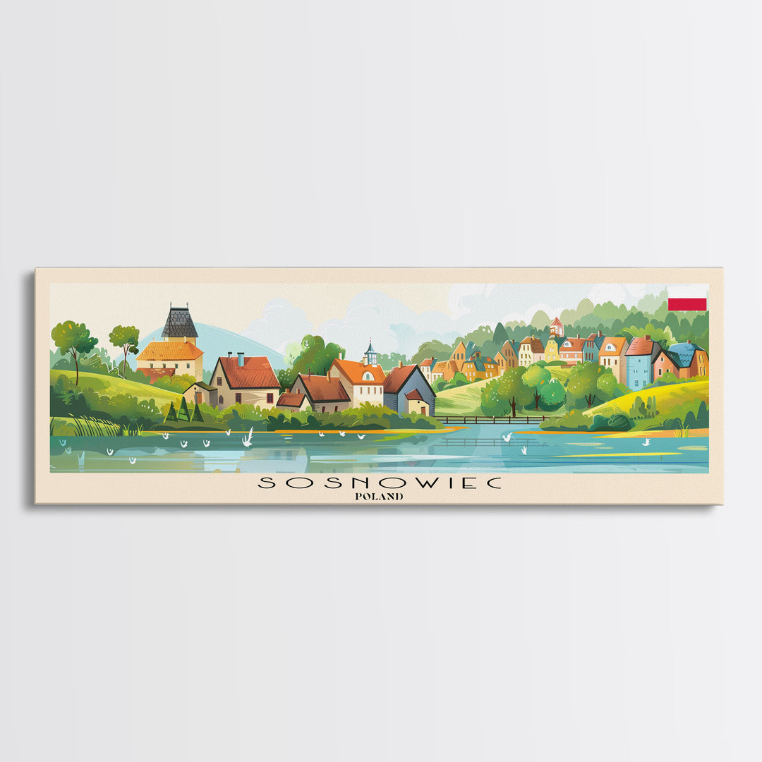 Sosnowiec Poland Panoramic Travel Poster, Framed Canvas Print or Metal Wall Art, Travel Art, Home Decor, Panoramic Painting, Midcentury Art