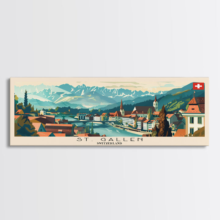 St. Gallen Switzerland Panoramic Travel Poster, Framed Canvas Print or Metal Wall Art, Travel Art, Home Decor, Panoramic Painting, Midcentury Art