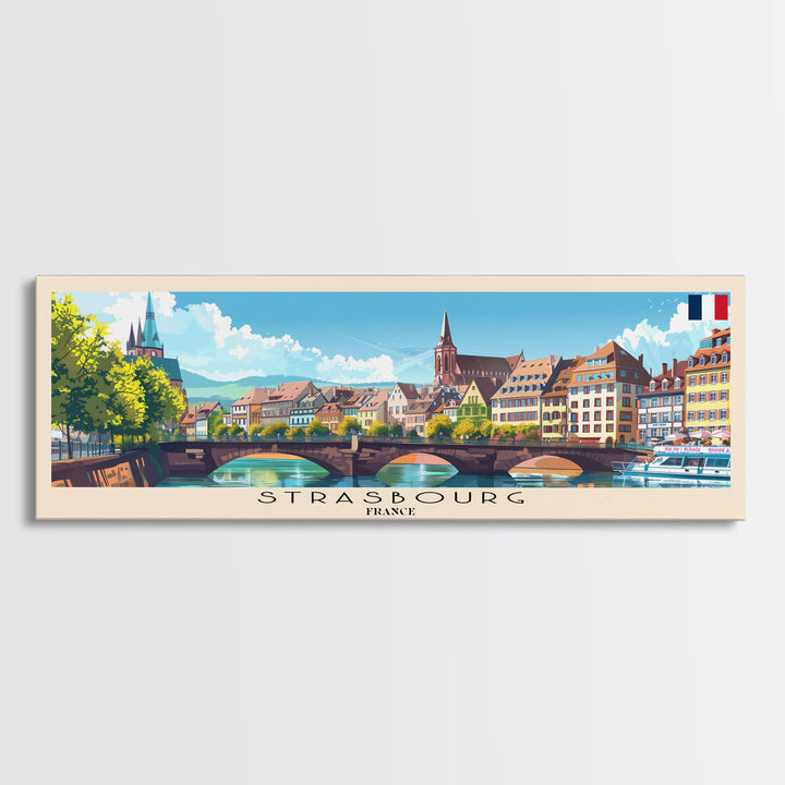 Strasbourg France Panoramic Travel Poster, Framed Canvas Print or Metal Wall Art, Travel Art, Home Decor, Panoramic Painting, Midcentury Art