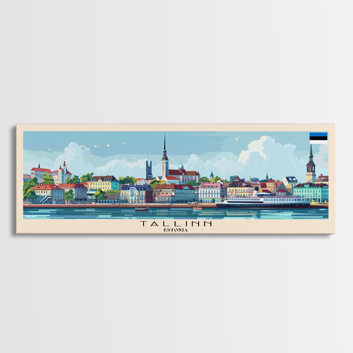 Tallinn Estonia Panoramic Travel Poster, Framed Canvas Print or Metal Wall Art, Travel Art, Home Decor, Panoramic Painting, Midcentury Art