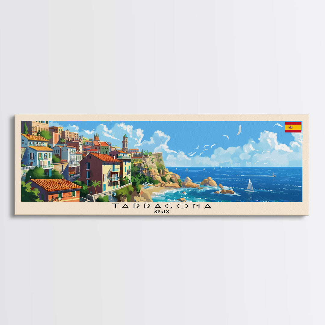 Tarragona Spain Panoramic Travel Poster, Framed Canvas Print or Metal Wall Art, Travel Art, Home Decor, Panoramic Painting, Midcentury Art