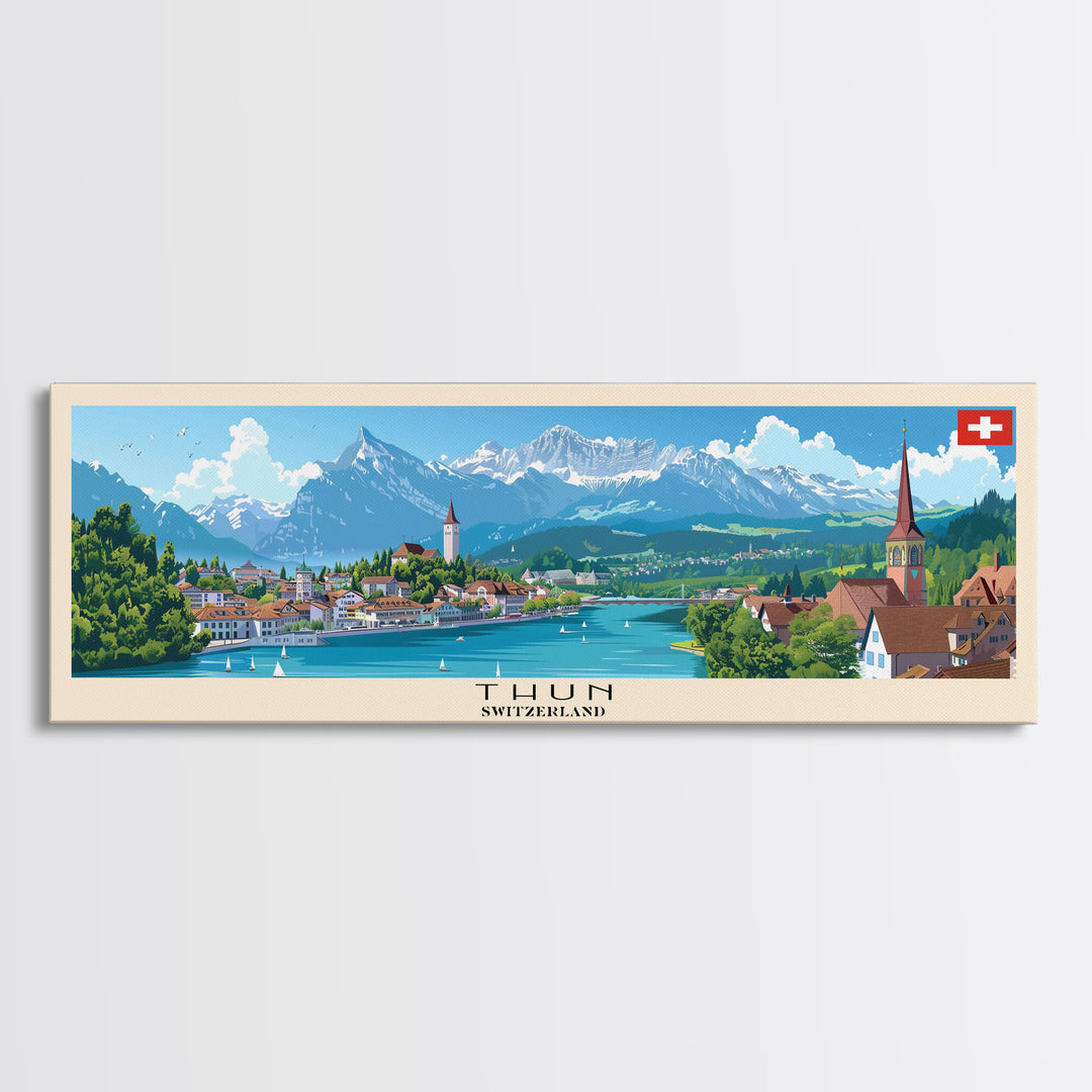 Thun Switzerland Panoramic Travel Poster, Framed Canvas Print or Metal Wall Art, Travel Art, Home Decor, Panoramic Painting, Midcentury Art