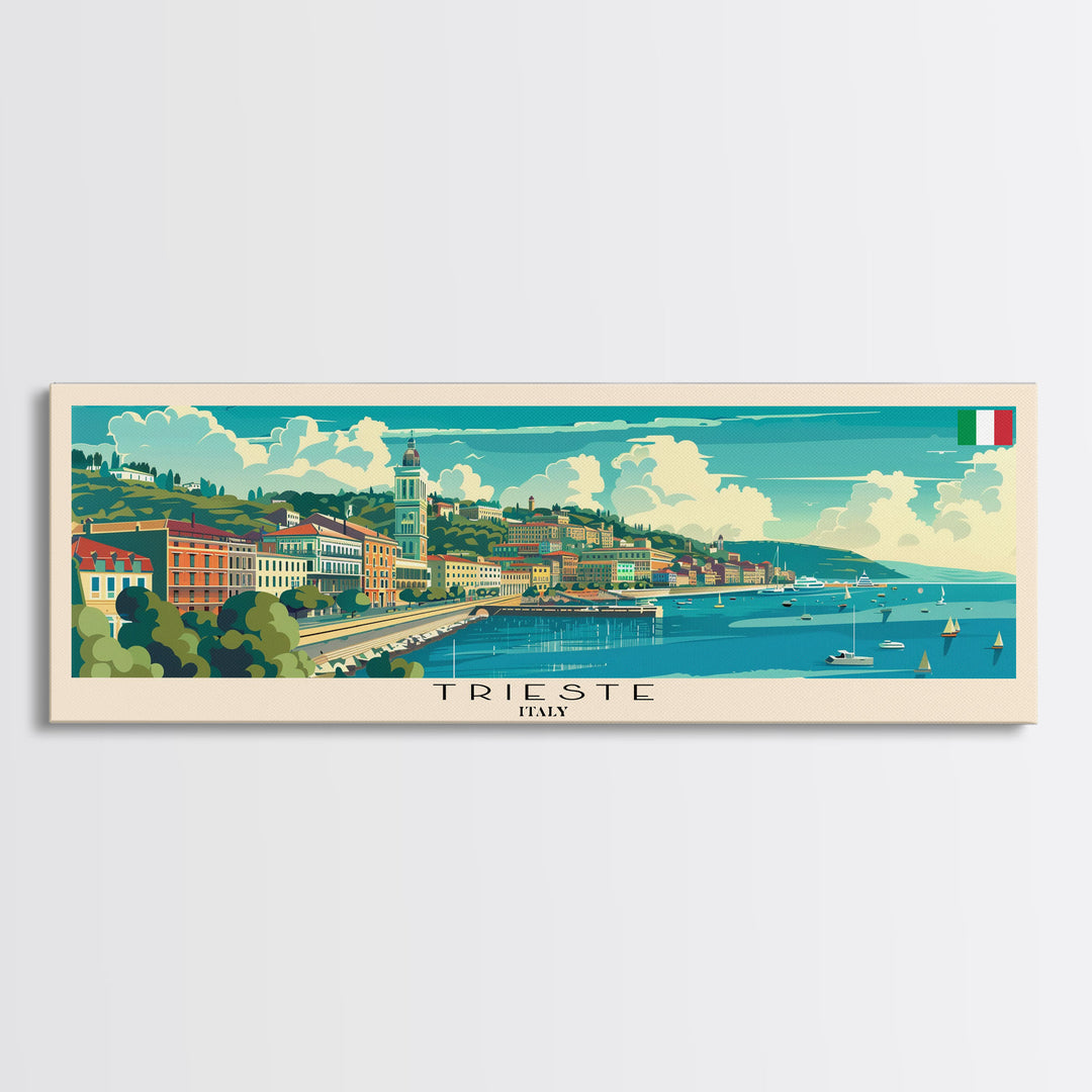 Trieste Italy Panoramic Travel Poster, Framed Canvas Print or Metal Wall Art, Travel Art, Home Decor, Panoramic Painting, Midcentury Art