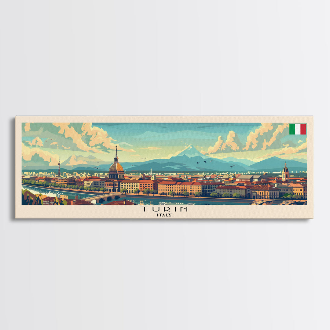 Turin Italy Panoramic Travel Poster, Framed Canvas Print or Metal Wall Art, Travel Art, Home Decor, Panoramic Painting, Midcentury Art