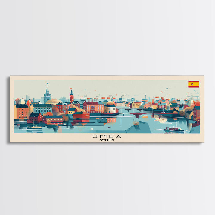 Ume Sweden Panoramic Travel Poster, Framed Canvas Print or Metal Wall Art, Travel Art, Home Decor, Panoramic Painting, Midcentury Art