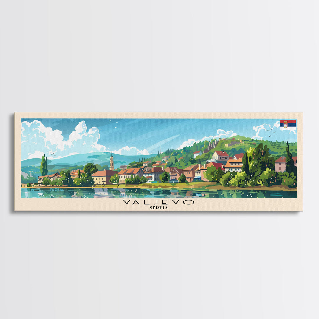 Valjevo Serbia Panoramic Travel Poster, Framed Canvas Print or Metal Wall Art, Travel Art, Home Decor, Panoramic Painting, Midcentury Art