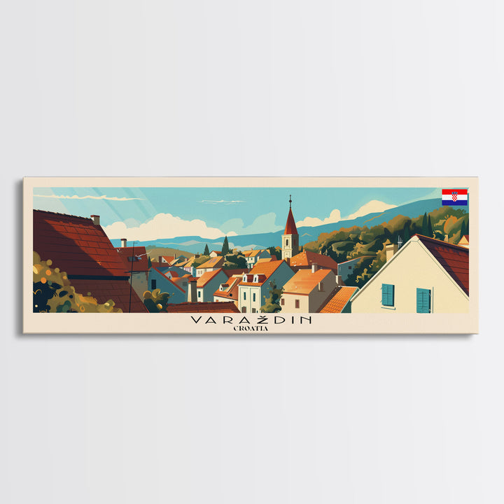 Varazdin Croatia Panoramic Travel Poster, Framed Canvas Print or Metal Wall Art, Travel Art, Home Decor, Panoramic Painting, Midcentury Art