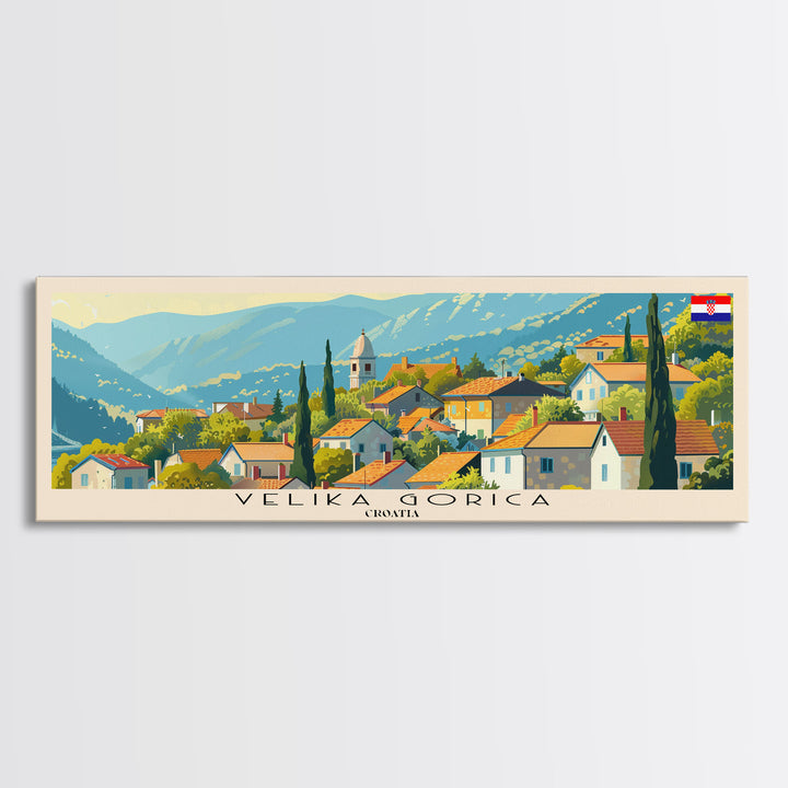 Velika Gorica Croatia Panoramic Travel Poster, Framed Canvas Print or Metal Wall Art, Travel Art, Home Decor, Panoramic Painting, Midcentury Art